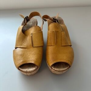 Kork-Ease Alex Wedge Sandal in Mustard Yellow Leather | Size 8